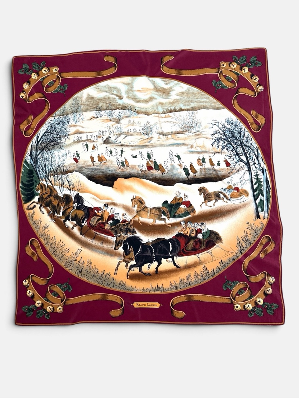 Vintage Ralph Lauren Silk Scarf Winter Sleigh Ride Equestrian Christmas Burgundy